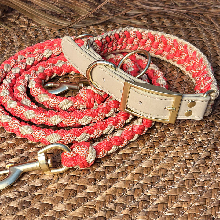 Anti-pull dog collar and leash set, rustic hand-woven hemp rope with brown faux leather, ideal for dog training