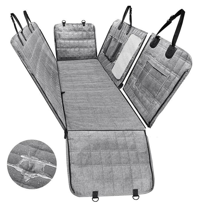 Dog backseat car protector, waterproof & scratch-resistant, black pet travel accessory for car interior.