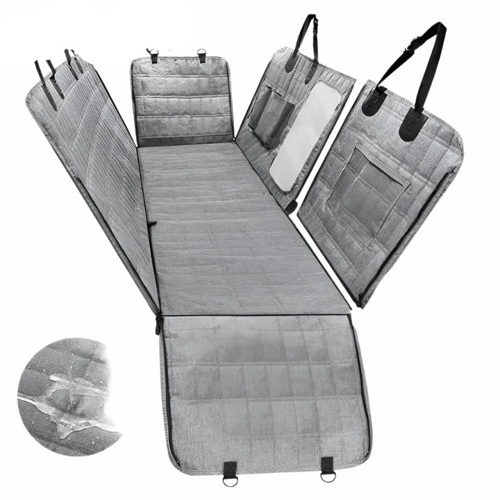 Pet backseat cover for dogs, durable and waterproof car seat protector, ideal for pet travel with scratch resistance.