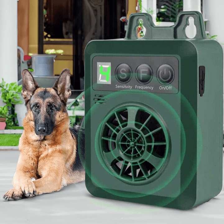 Dog bark control device, ultrasonic outdoor solution for quiet homes and pet training.