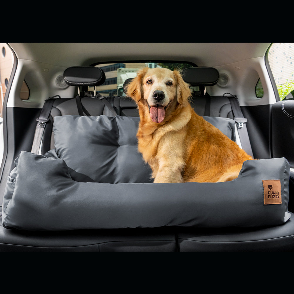 Robust dog car bed, back seat, bolster support, ideal for large pets.