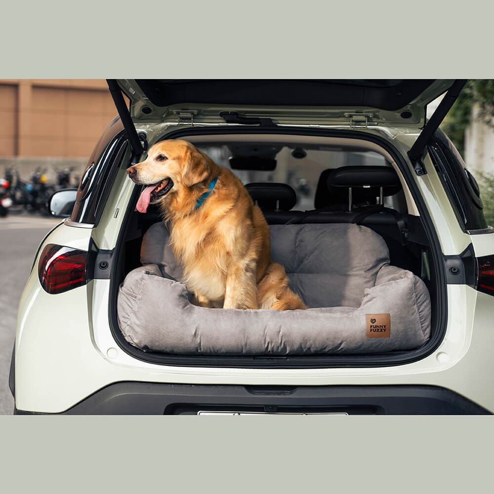 Large dog car back seat bed, grey, with soft bolsters for travel comfort.
