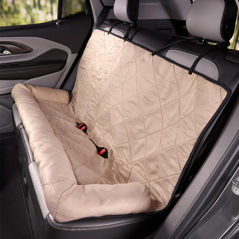 Dog bolster bed for car, large, back seat, enhances pet safety and comfort.
