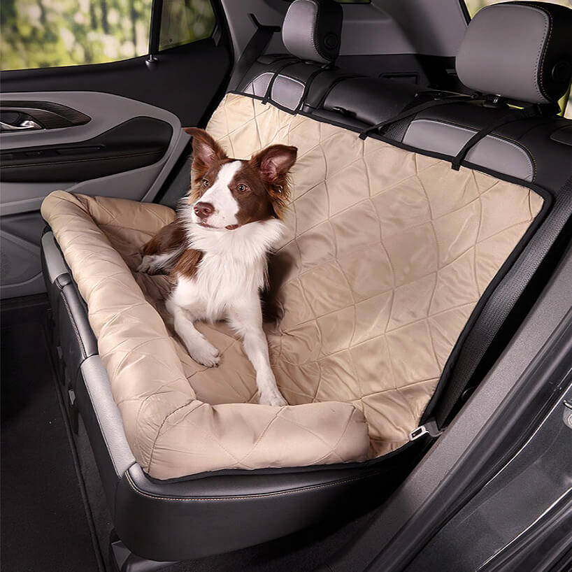 Brown dog car seat, back seat bolster bed for large pets, pet comfort.