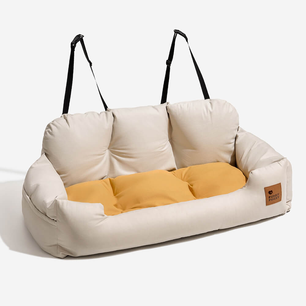 Large dog car travel accessory, back seat bolster bed, easy installation.