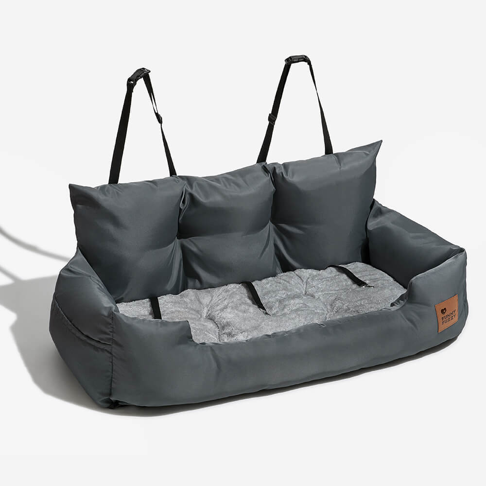Dog car bed with bolster support, back seat, large dogs travel in comfort.