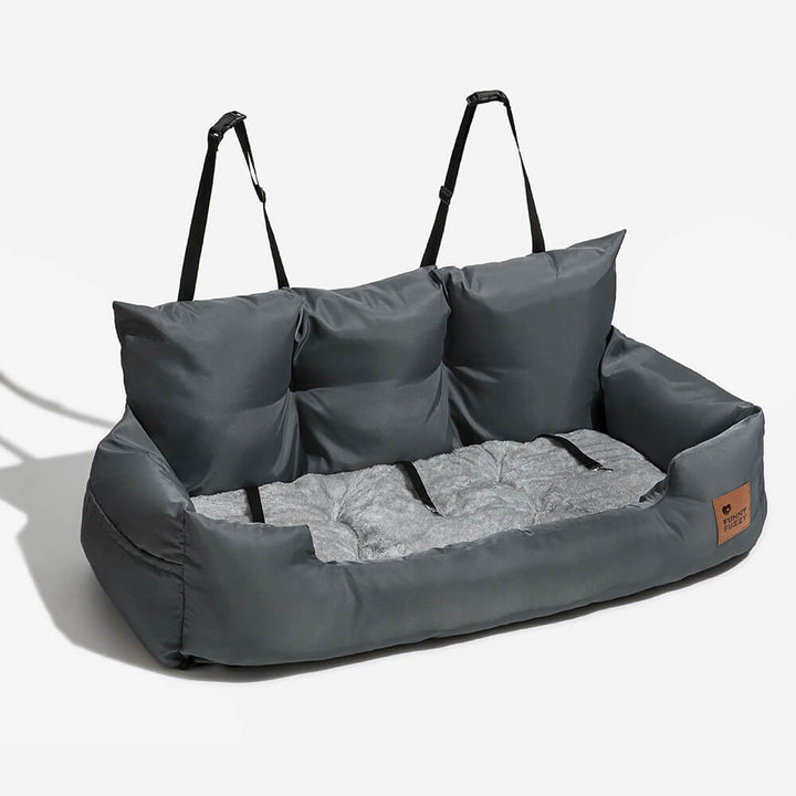Dog car bed with bolster support, back seat, large dogs travel in comfort.