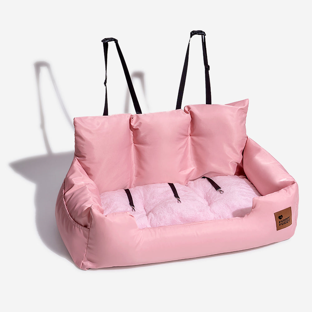 Medium dog car seat, waterproof, bolster design for back seat travel.