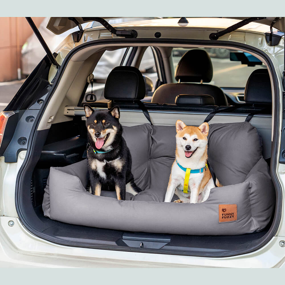 Large dog car bed, back seat bolster, keeps pet secure on long drives.