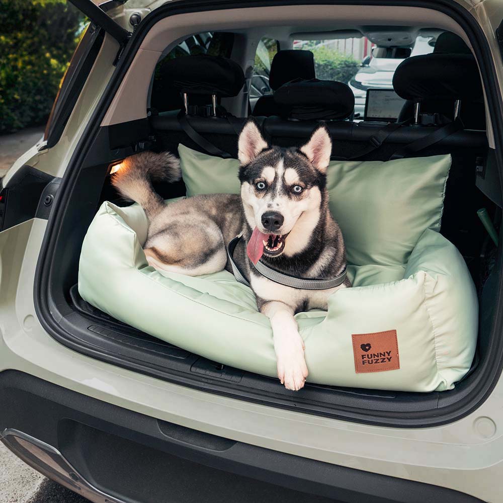 Large dog car seat, back seat bolster bed provides secure & comfy ride.