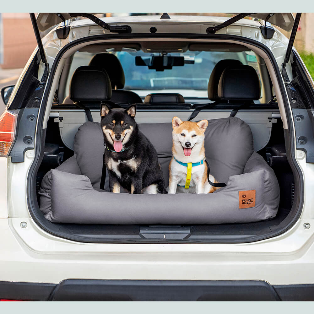Beige dog car back seat bed, waterproof, provides pet comfort on trips.