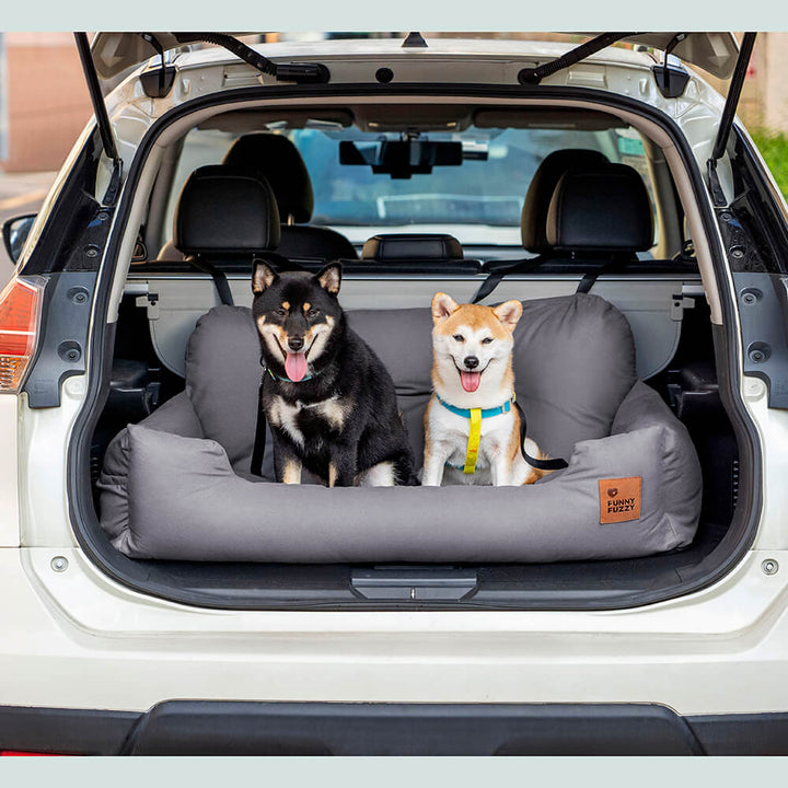 Beige dog car back seat bed, waterproof, provides pet comfort on trips.