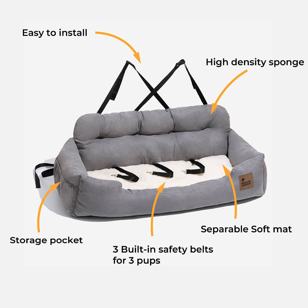 Secure dog travel bed for car back seat, large size, safety bolster.