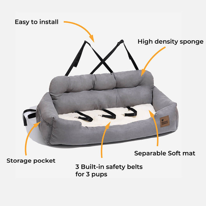 Secure dog travel bed for car back seat, large size, safety bolster.