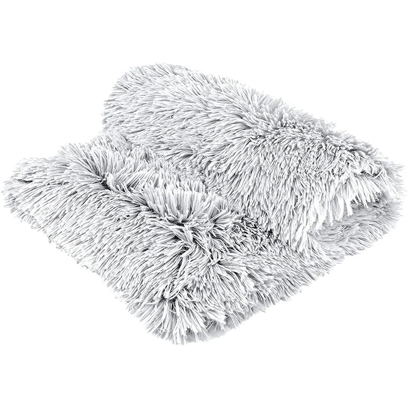Gray plush dog and cat blanket, soft bedding providing anxiety relief, protects furniture