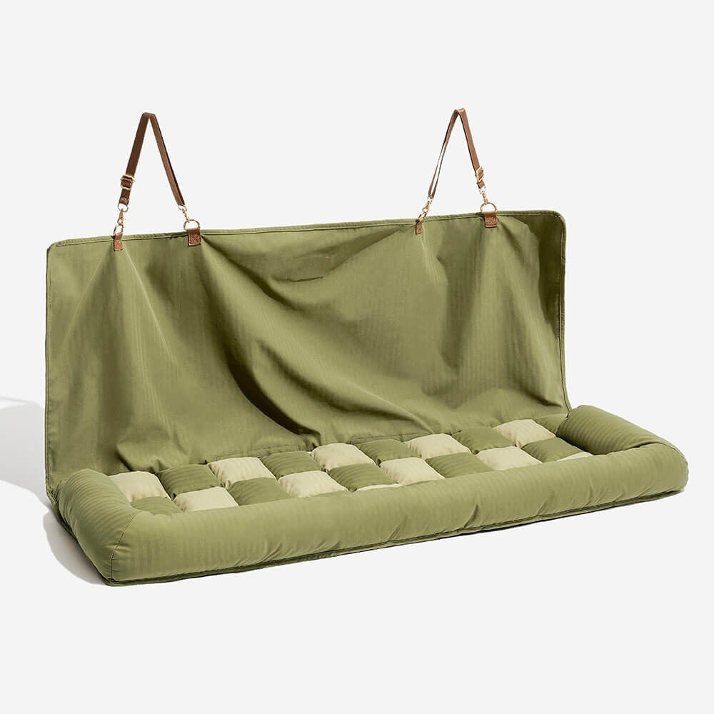 Orthopedic chessboard dog car seat bed, comfy pet travel lounge, close up of fabric