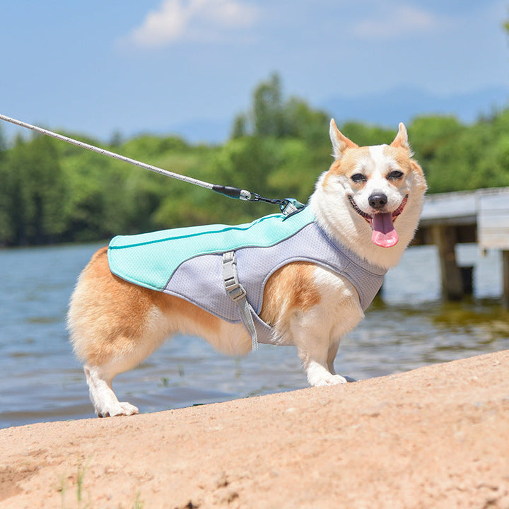 Adjustable pet cooling vest designed for sun protection and evaporative cooling in summer.