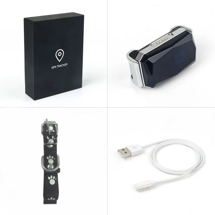 Small, compact dog GPS tracker for pets, attached to a collar, with USB cable for charging