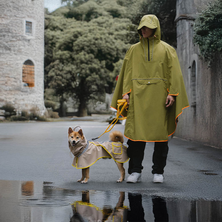 Close-up of a human wearing a matching waterproof raincoat, hood up, reflective logo, ready for dog walk