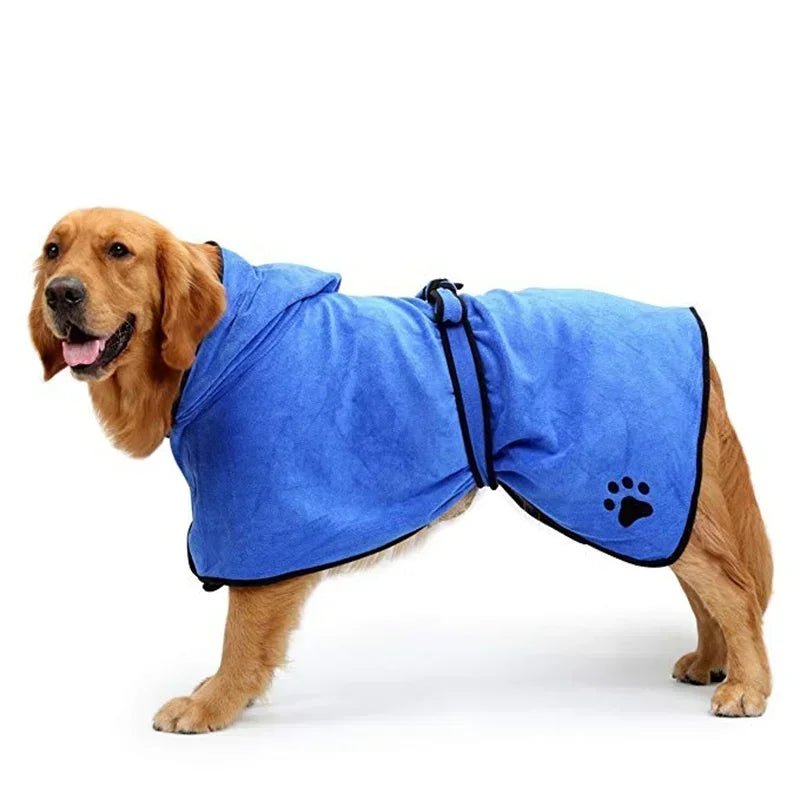 Dog microfiber quick-dry robe with hood, adjustable belt, ideal for pet grooming and swim, comfy.