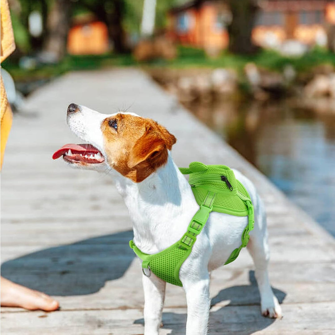 Breathable no-pull dog harness with saddlebags for hiking gear