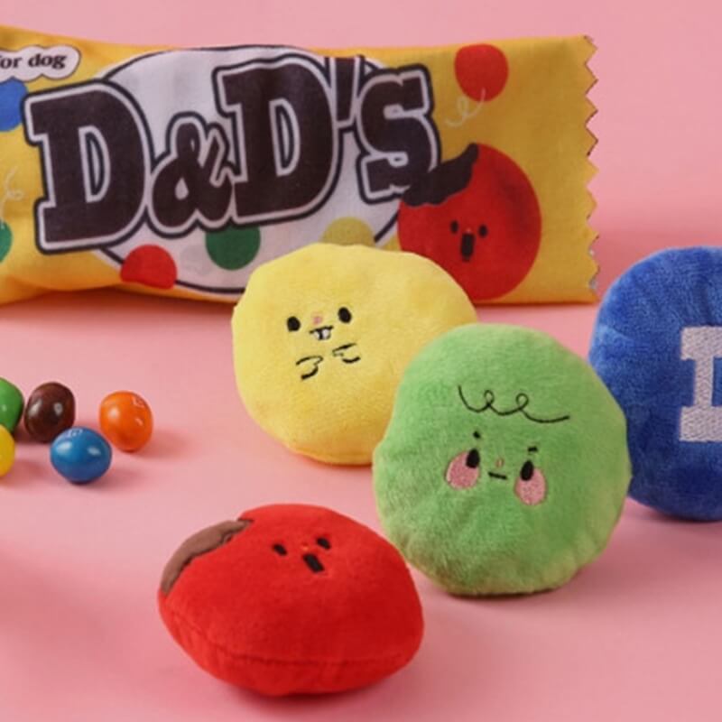 Dog plush interactive candy toy with squeaker, perfect for small to medium dogs' playtime.