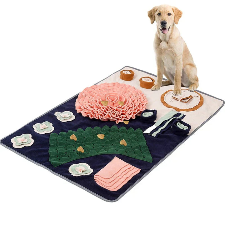 Dog sniffing an interactive snuffle mat, a mental stimulation foraging toy for pets