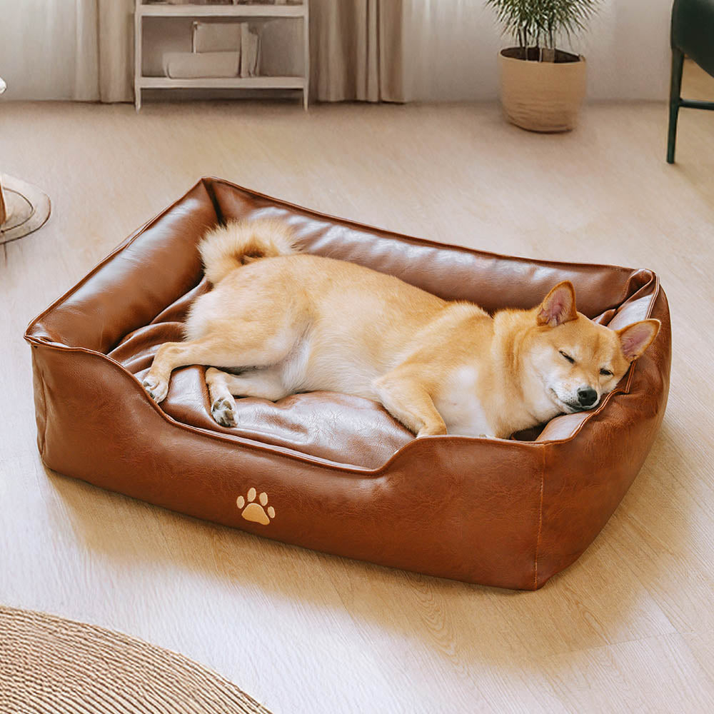 Dog sofa bed brown faux leather waterproof removable cover elevated bolster style pet furniture