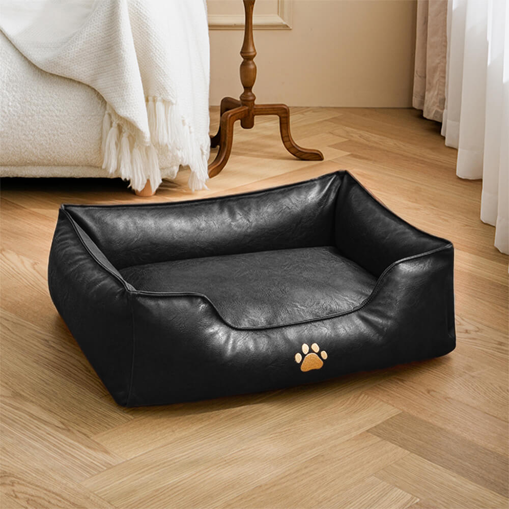 Brown faux leather dog bed, waterproof and chew-resistant for active pets, durable design
