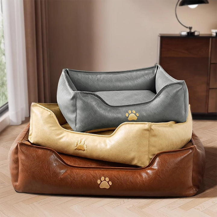 Modern pet furniture, brown faux leather dog bed with sleek design and removable cover