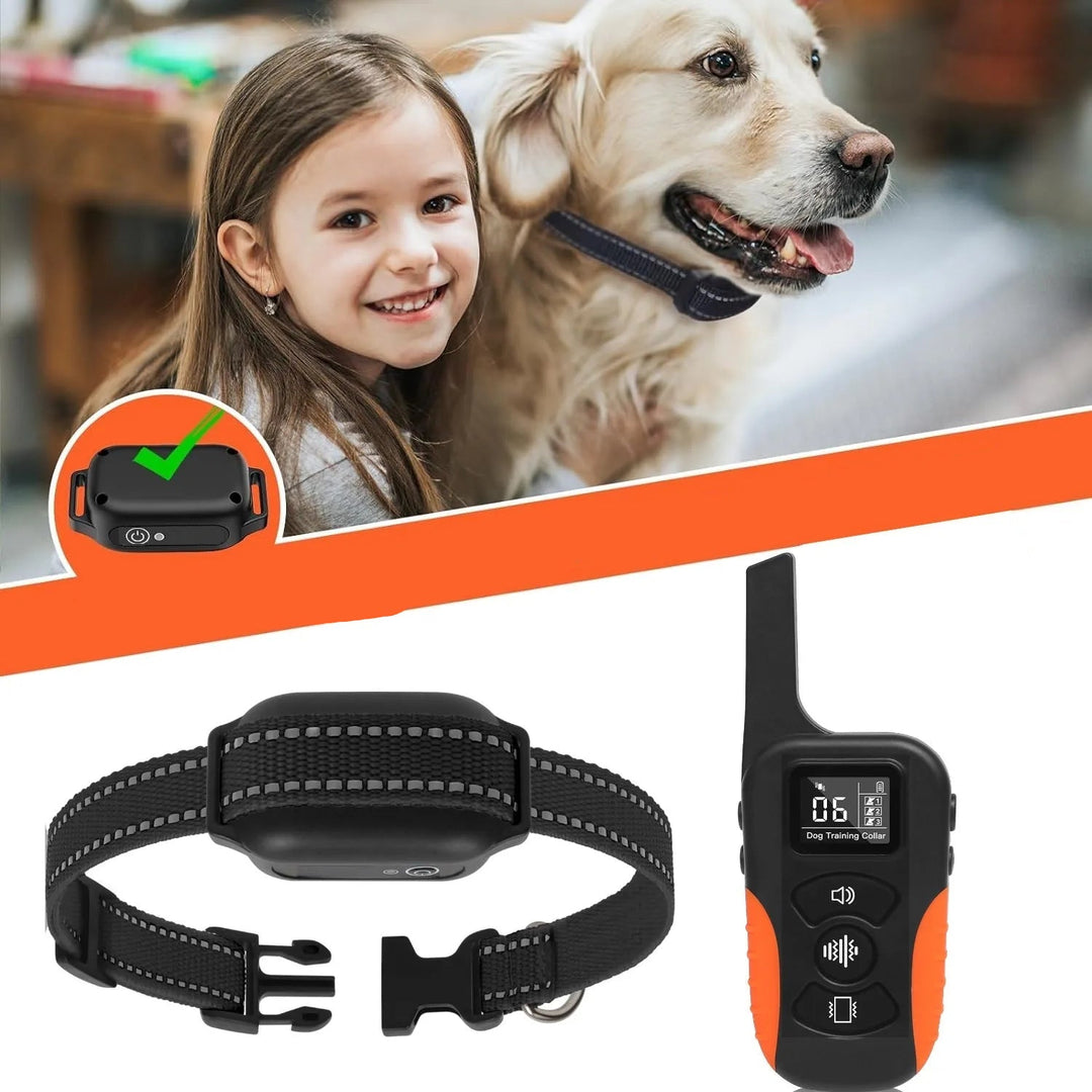 Dog training collar with 1000m range remote, 9 tones, waterproof, and rechargeable for obedience training.