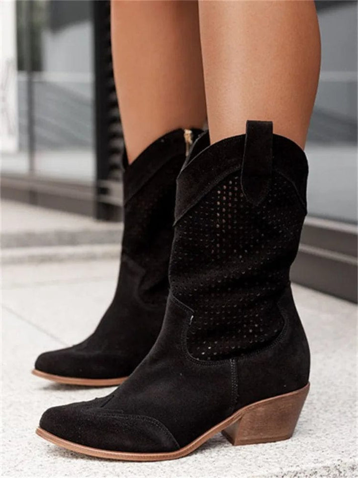 Stylish women's western ankle boots with perforated texture, convenient side zip, & sturdy block heel.
