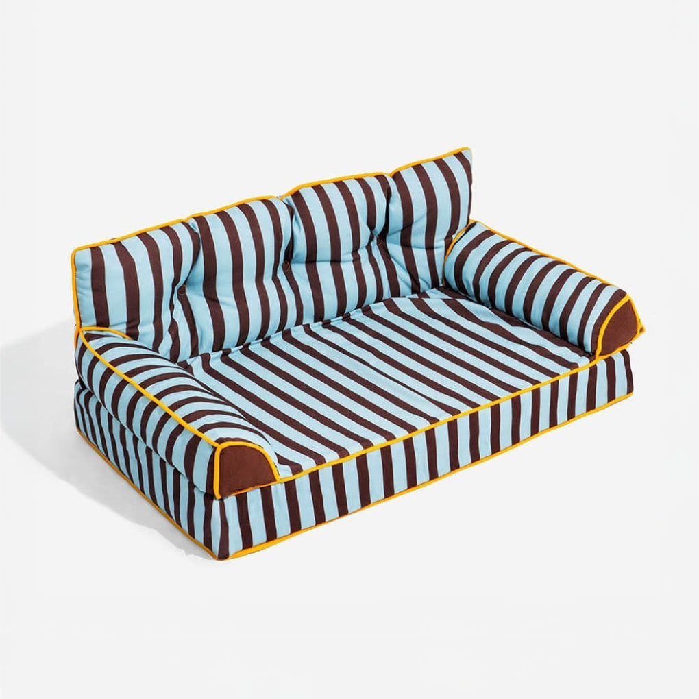 Stylish striped dog sofa bed, water-repellent & orthopedic for comfort. Foldable, non-slip indoor pet furniture lounge.