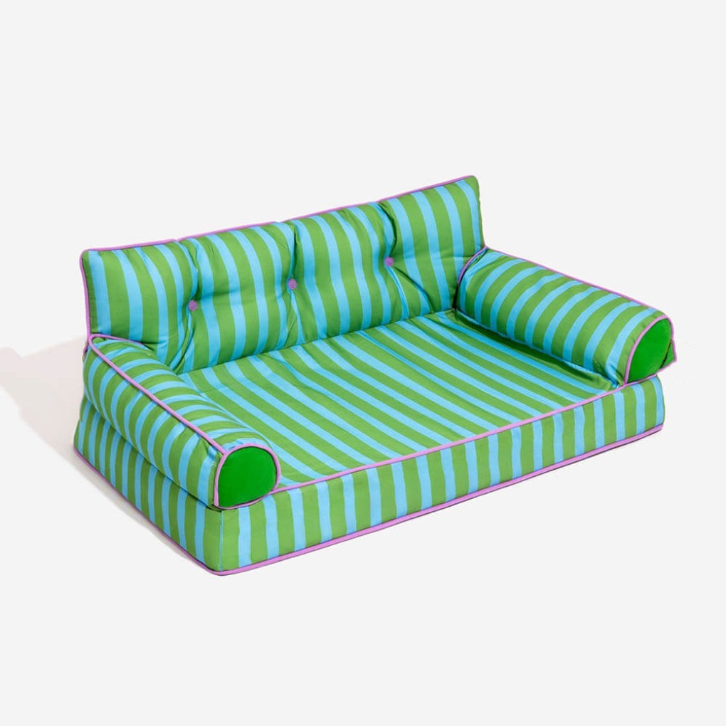 Easy clean striped dog sofa bed with water-repellent fabric. Plush, non-slip & foldable, providing ultimate pet comfort.