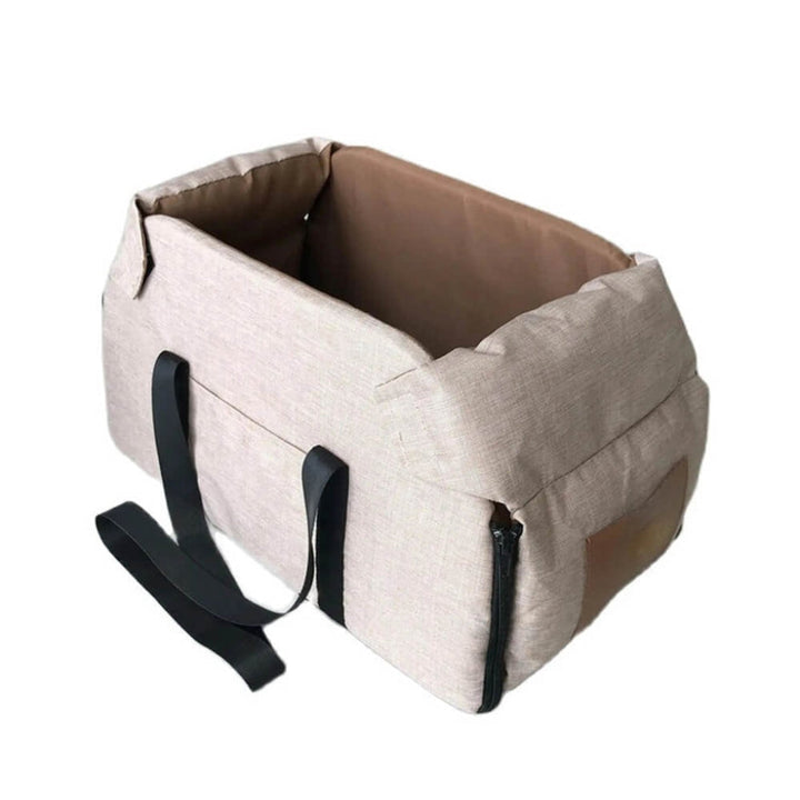 Khaki & gray contrast pet car seat bed. Detachable, non-slip, Oxford fabric for cozy & safe dog or cat travel.