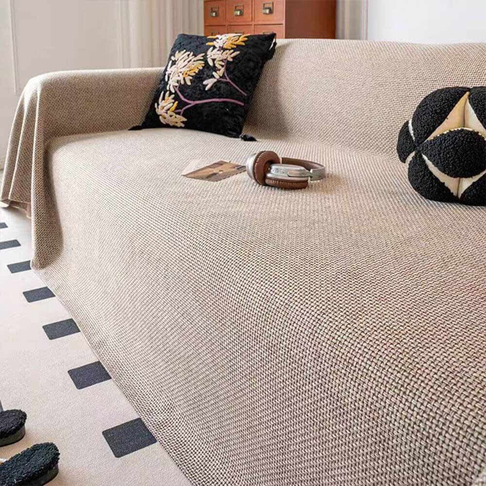 Easy-clean polyester linen-look sofa cover. Pet-friendly, scratch-resistant furniture throw for living room.