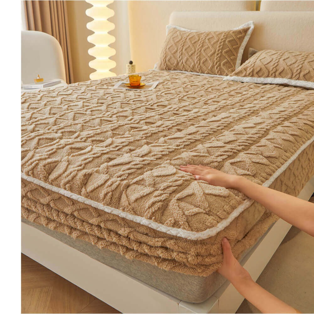 Soft, fluffy fitted sheet for cozy sleep. Stylish polyester mattress cover, perfect home decor bedding.