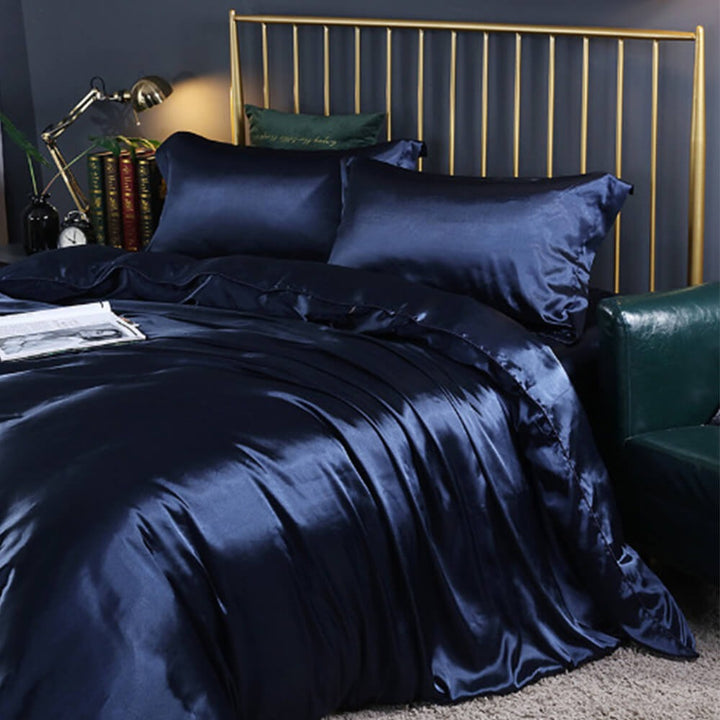 Double-sided satin bed sheet set offers cooling comfort & luxury. Pet-friendly, durable, includes quilt cover & pillowcases.