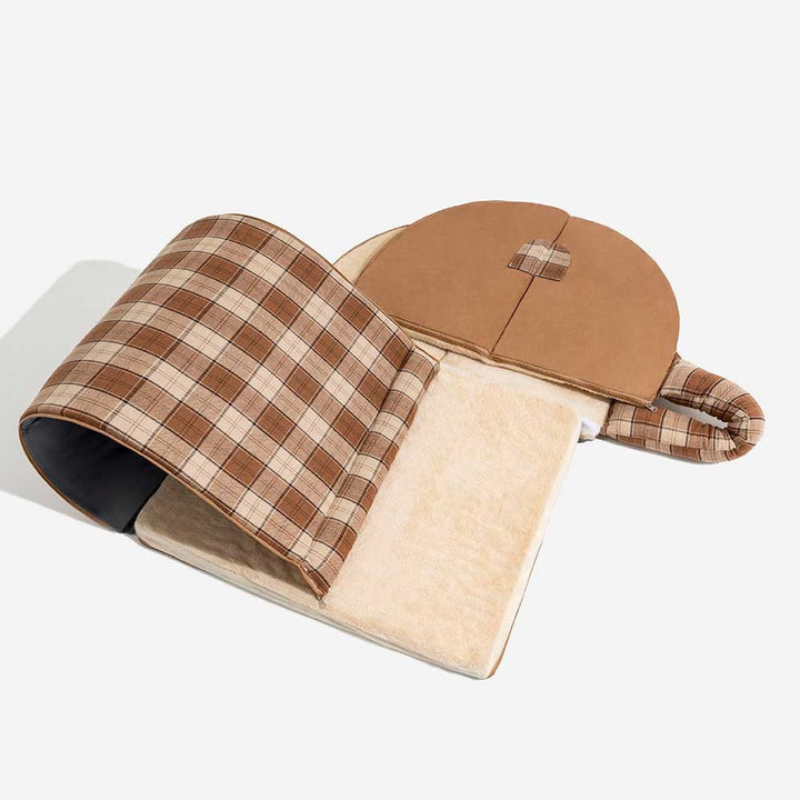 Soft orthopedic dog house bed with stylish plaid design. Provides cozy comfort & secure hideaway for pets.