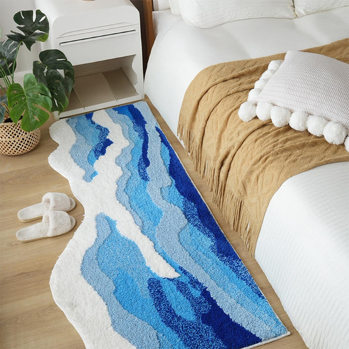 Luxury hand-tufted 3D wave area rug for modern living rooms. Textured polyester carpet, stylish home accent.