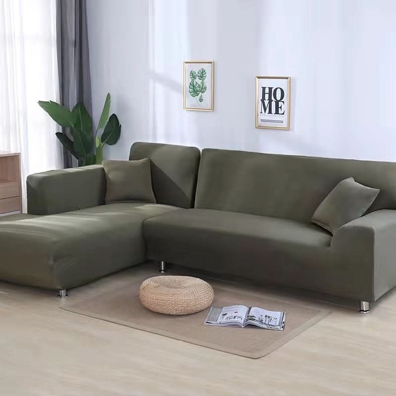 Living room decor enhanced by a stylish, pet-friendly stretch sofa slipcover.
