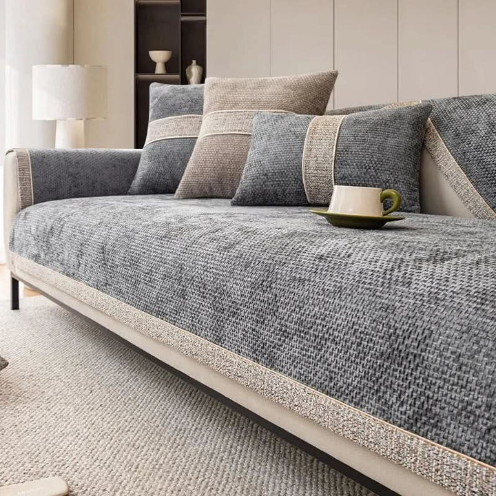 Modern linen texture non-slip couch cover. Enhances living room style, comfortable furniture protector.