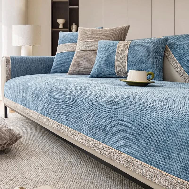 Non-slip sectional sofa cover with linen texture. Stylish furniture protection for modern living rooms.