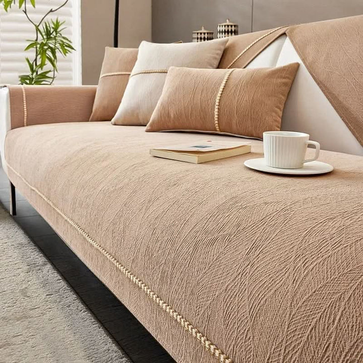 Elegant non-slip sofa cover, linen texture for modern living room decor. Durable furniture protection.