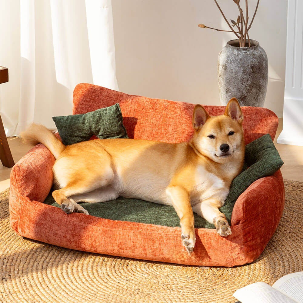 Vintage chenille dog & cat sofa bed. Plush, luxurious pet furniture for small to medium dogs & cats. Washable indoor.