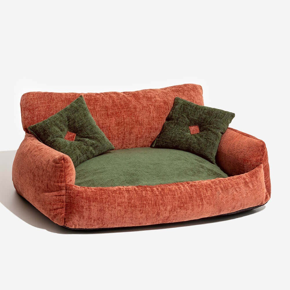 Plush chenille pet bed for dogs & cats. Comfortable, washable sofa bed for small to medium pets. Luxury vintage style.