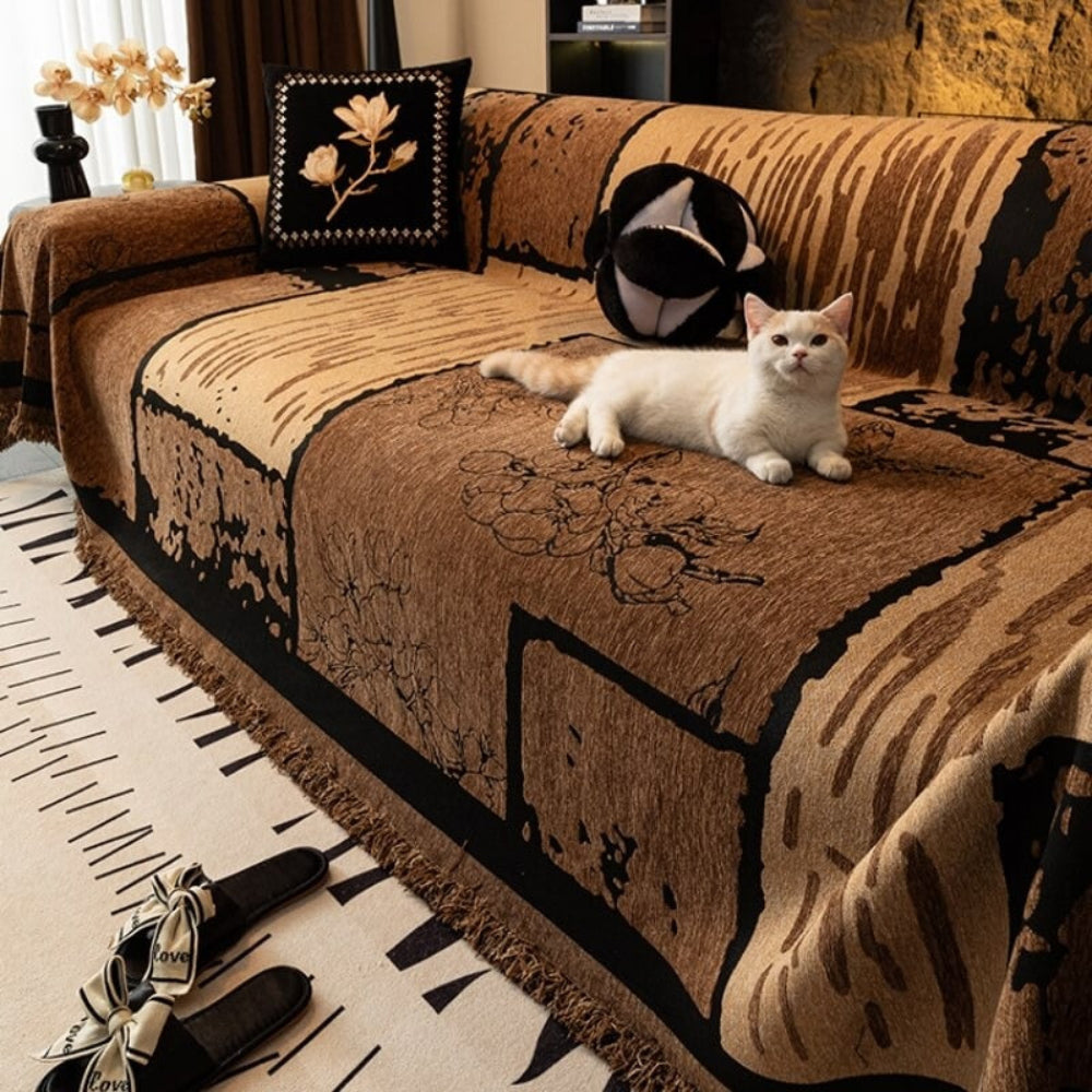 Soft vintage chenille throw, an anti-scratch sofa protector & pet-friendly couch blanket.