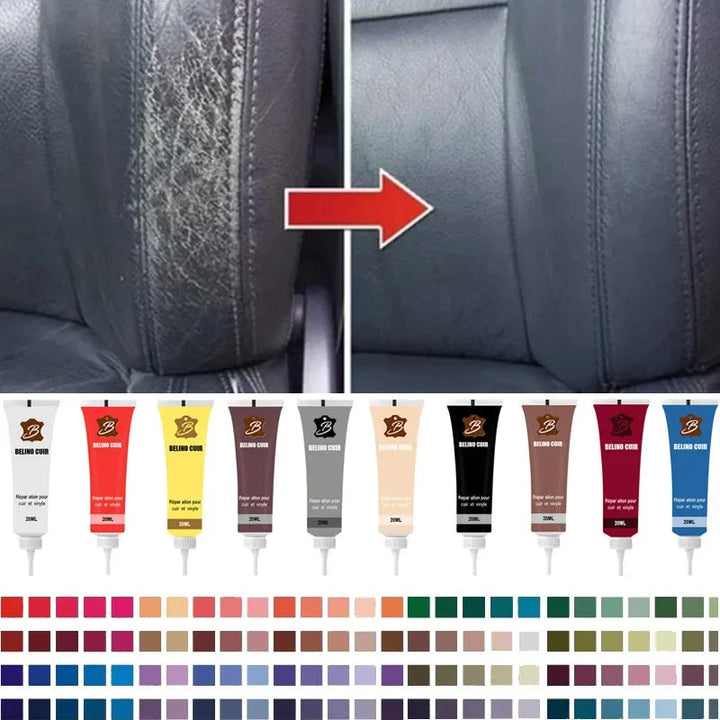 Leather color restorer and scratch remover gel for car seats, extending upholstery life.