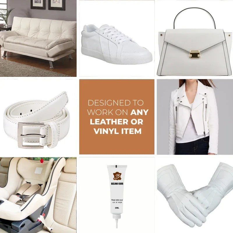 DIY leather repair gel kit fixing rips and tears on a brown leather sofa, restoring its original look.
