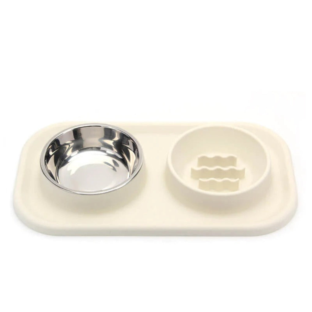 Healthy eating dual pet bowl with slow feeder design & stainless steel for dogs & cats; prevents bloating.